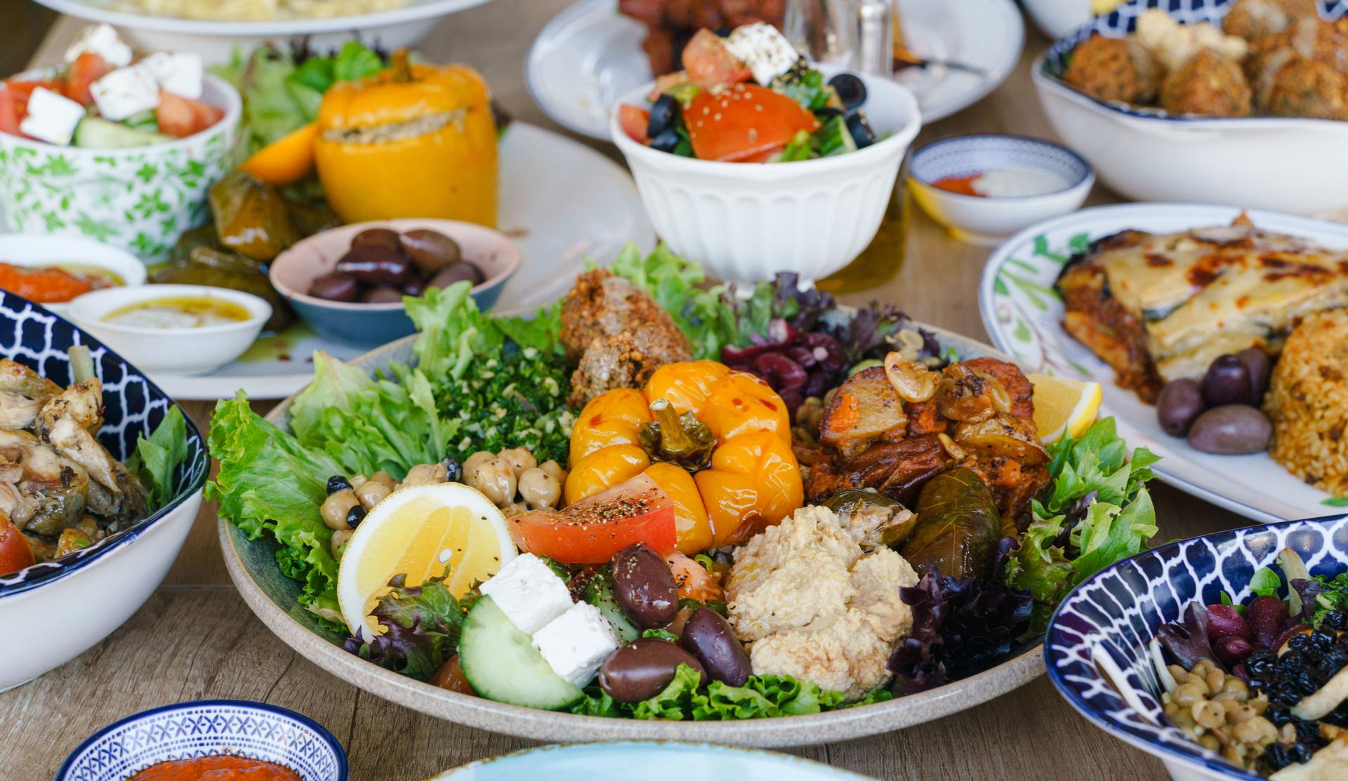 Mediterranean appetizer tabletop spread.