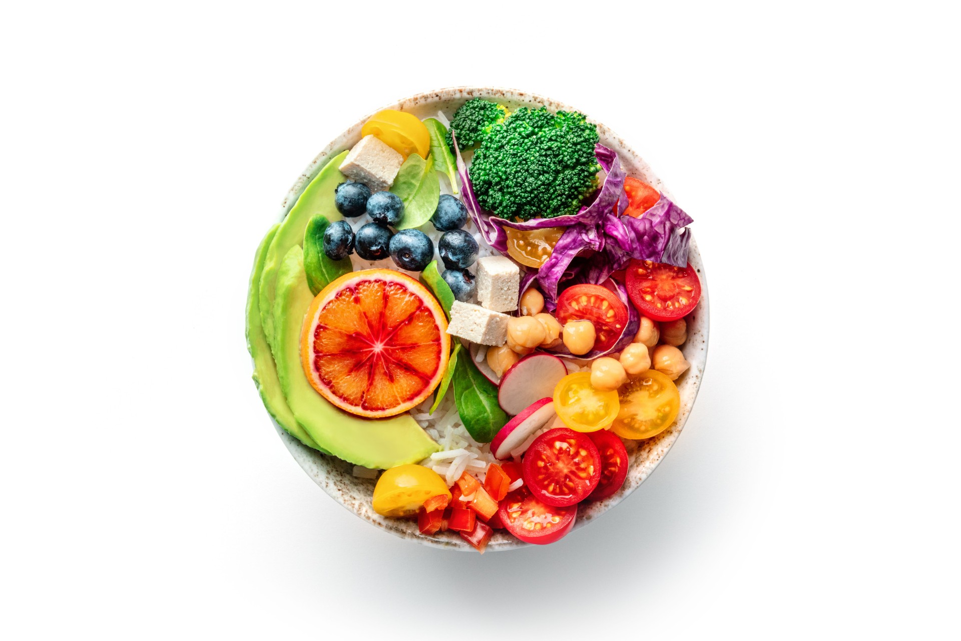 Buddha Bowl. Rainbow salad. Vegan poke bowl with avocado. Healthy food